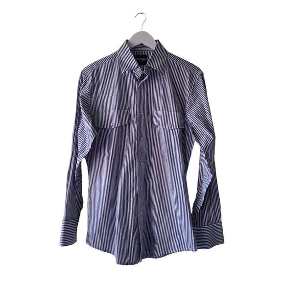 Wrangler Western Shirt Striped Pearl Snap Wrinkle Resistant Gray White Mens M - Picture 3 of 13